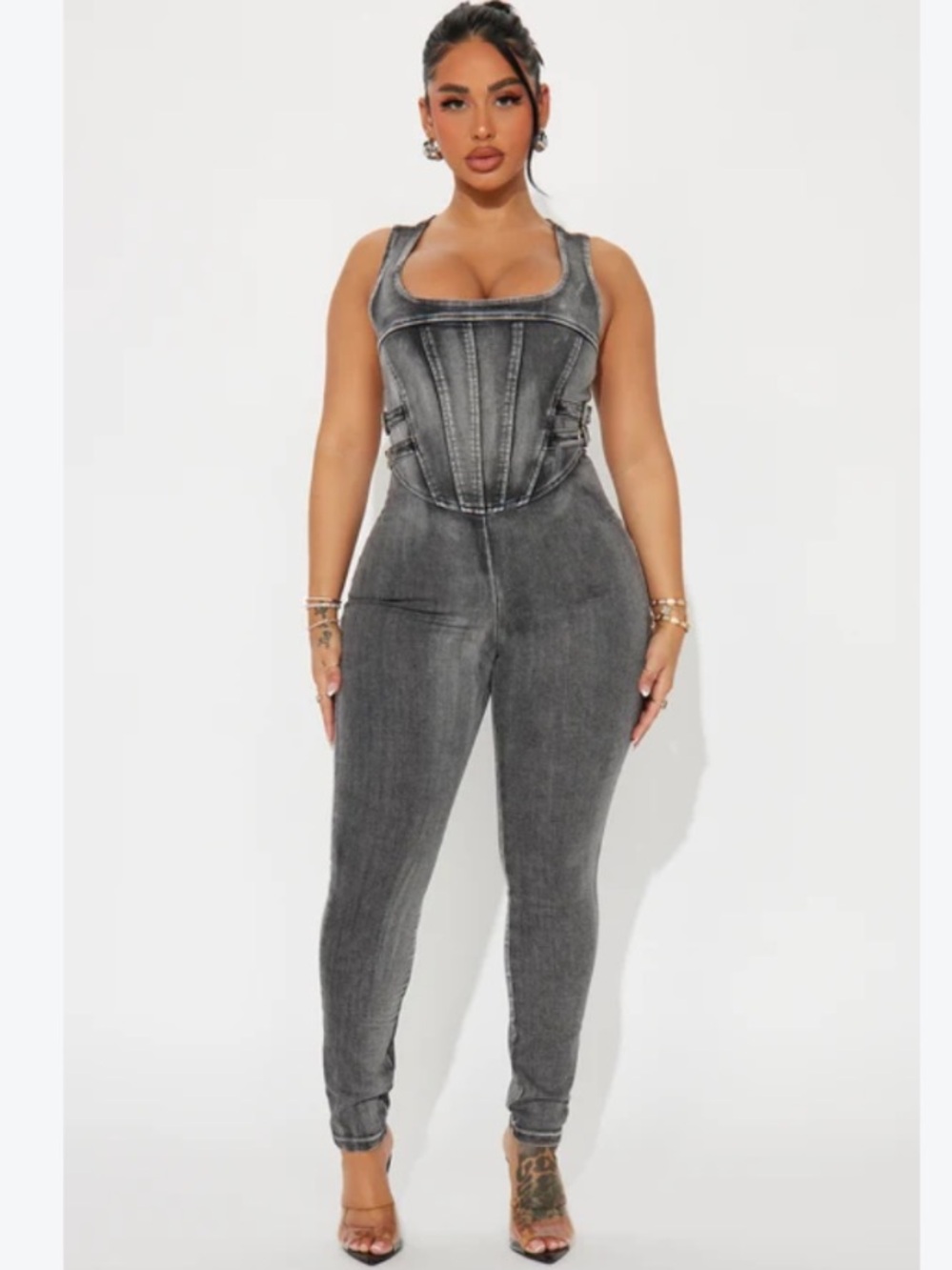 Fashion nova washed black only a moment moto corset denim jumpsuit M